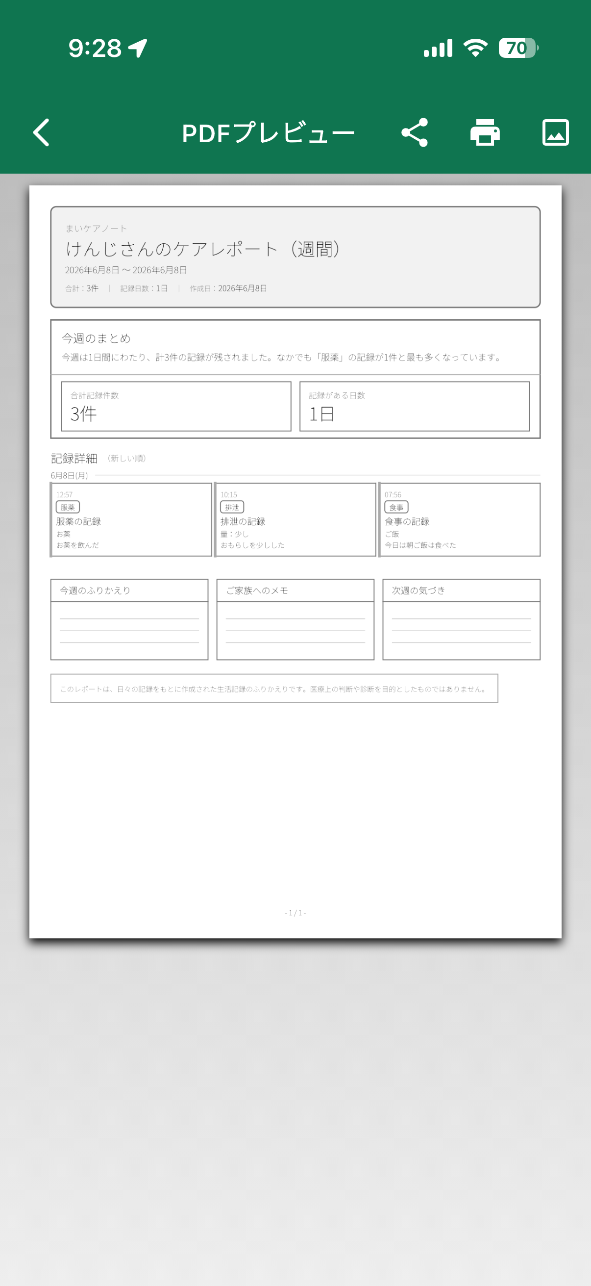 ケアレポートのPDFプレビュー画面