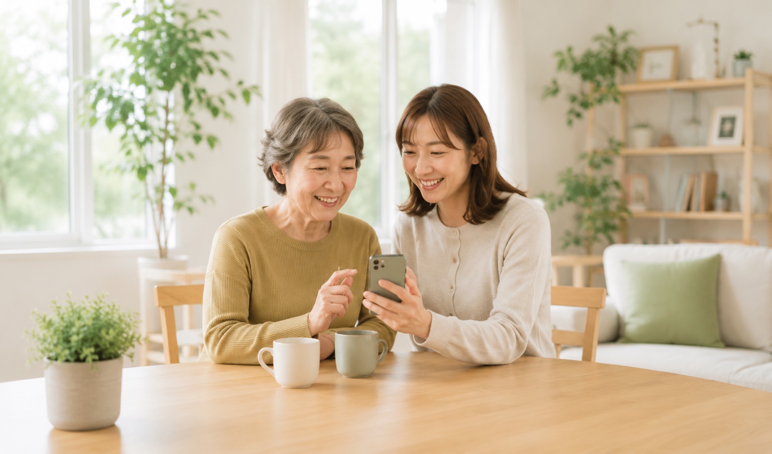 家族介護でスマホを見ながら記録を確認する様子