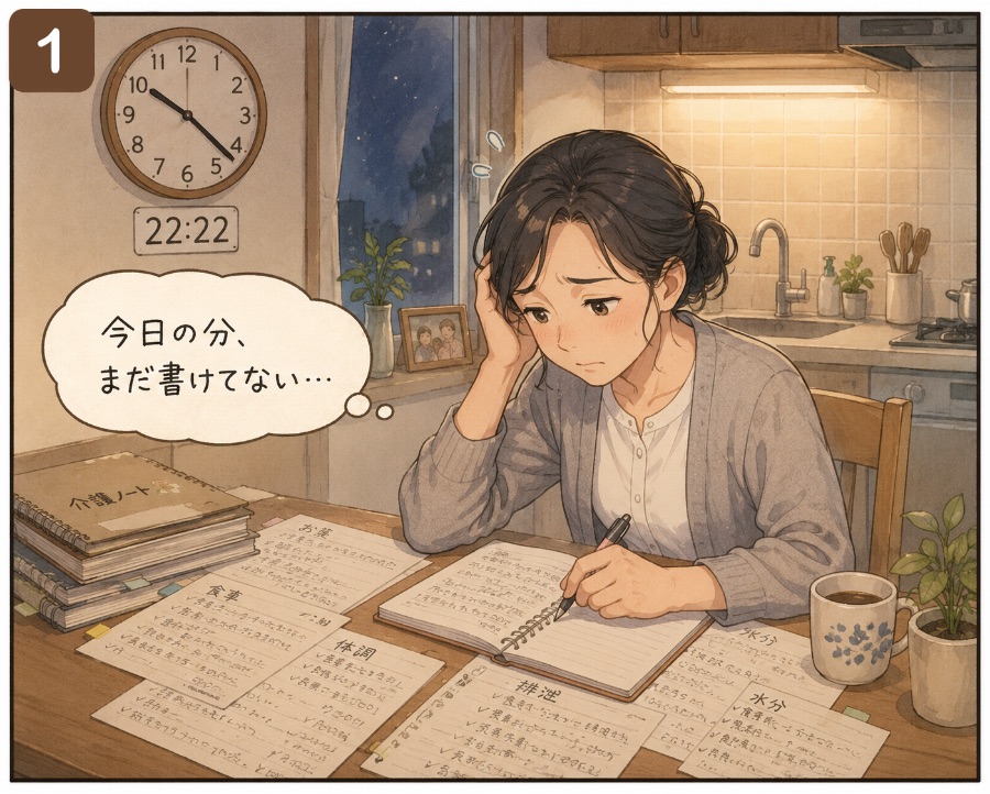 夜、介護記録がまだ書けていないと困っている女性