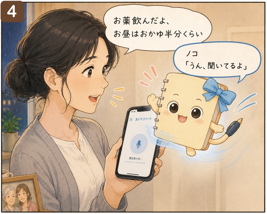 音声入力を聞き取るまいケアノートのキャラクター「ノコ」
