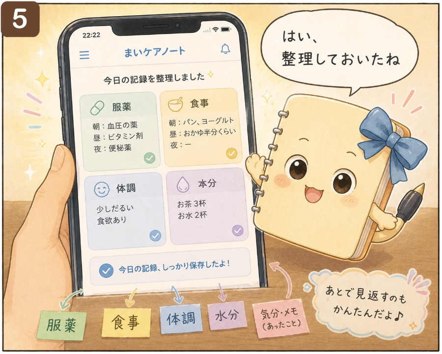 服薬・食事・体調・水分の記録がAIで自動整理されたアプリ画面