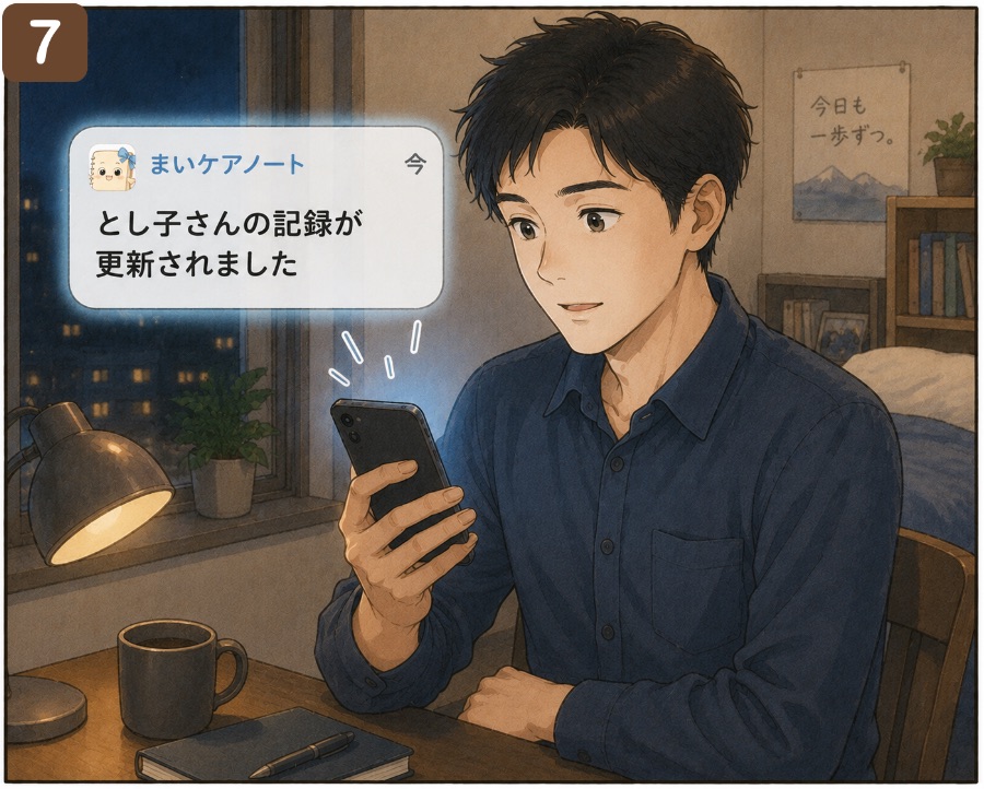 母の記録更新の通知を受け取る息子