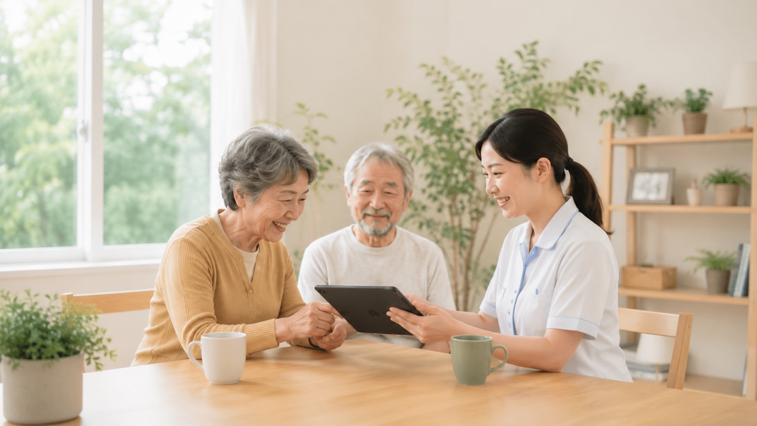介護スタッフと家族がタブレットを見て連携する様子